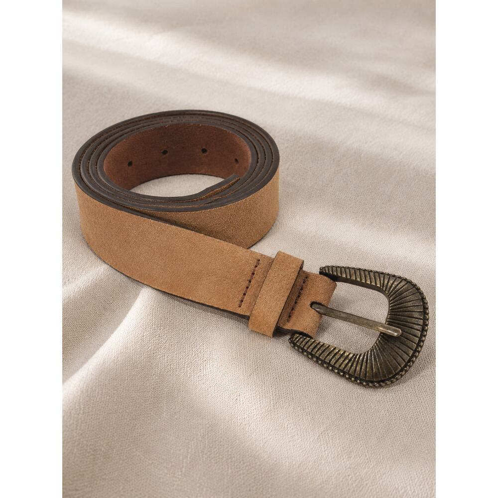 Tan Genuine Leather Western Belt 2X Tooled Buckle Made In India Minimalist